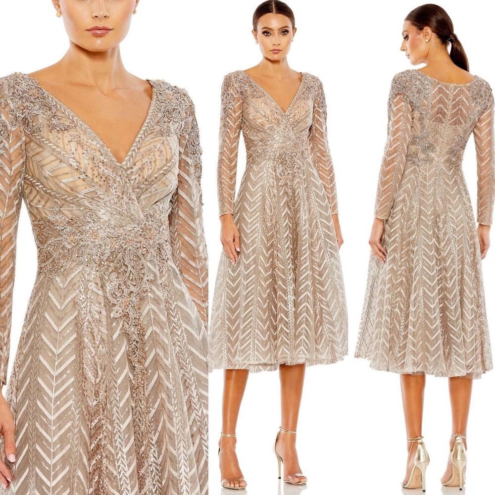 $598 MAC DUGGAL EMBELLISHED LONG SLEEVE WRAP OVER DRESS TAUPE SIZE 20